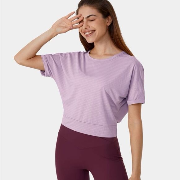 Halara Short Sleeve Twisted Cut Out Yoga Sports Top Lavender Fog S NWT IN PKG - Picture 1 of 10